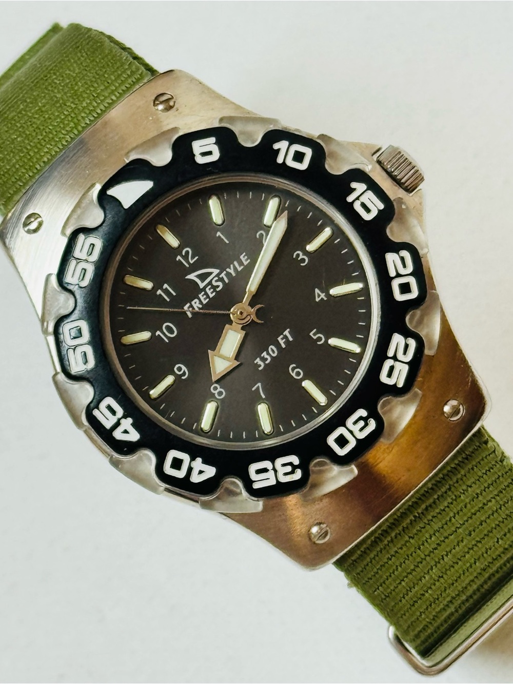 Vintage Freestyle Smaller 35mm Men's Watch Silver Black Dial New Green Bund Band